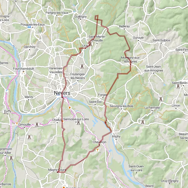 Miniature de la carte de l'inspiration cycliste "Le Tour de Gravel d'Urzy" dans la Bourgogne, France. Générée par le planificateur d'itinéraire cycliste Tarmacs.app