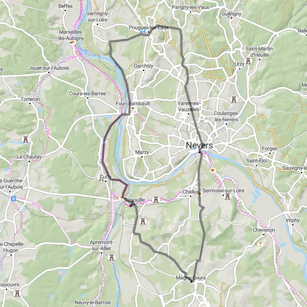 Map miniature of "Magny-Cours and Beyond" cycling inspiration in Bourgogne, France. Generated by Tarmacs.app cycling route planner