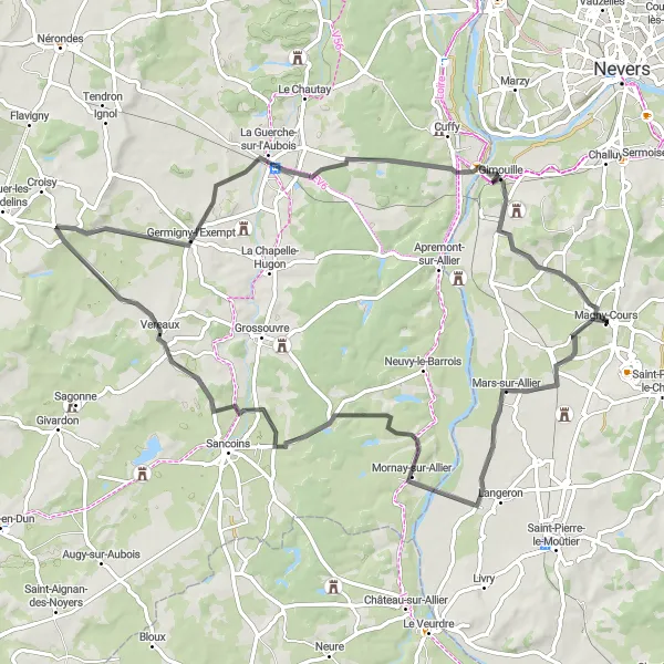 Map miniature of "Rural Charm and Scenic Routes" cycling inspiration in Bourgogne, France. Generated by Tarmacs.app cycling route planner