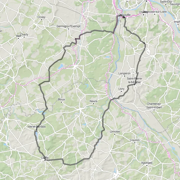 Map miniature of "From Magny-Cours through Le Veurdre to Gimouille" cycling inspiration in Bourgogne, France. Generated by Tarmacs.app cycling route planner