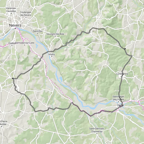 Map miniature of "The Magny-Cours Roundabout" cycling inspiration in Bourgogne, France. Generated by Tarmacs.app cycling route planner