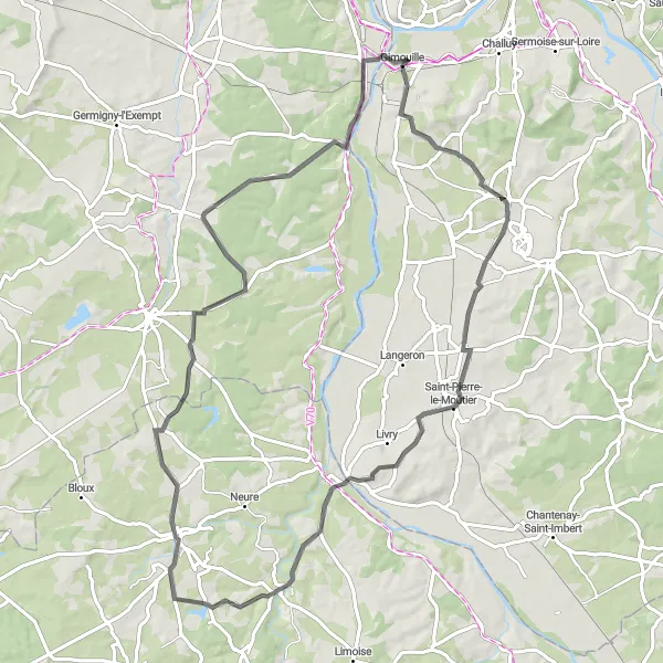 Map miniature of "Magny-Cours to Lurcy-Lévis Scenic Route" cycling inspiration in Bourgogne, France. Generated by Tarmacs.app cycling route planner