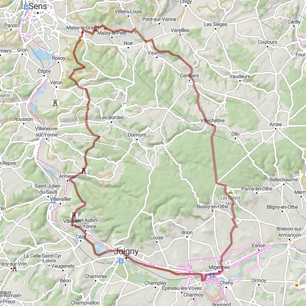 Map miniature of "Theil-sur-Vanne Gravel Challenge" cycling inspiration in Bourgogne, France. Generated by Tarmacs.app cycling route planner