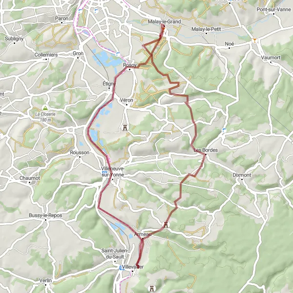 Miniature de la carte de l'inspiration cycliste "Châteaux et Campagnes" dans la Bourgogne, France. Générée par le planificateur d'itinéraire cycliste Tarmacs.app