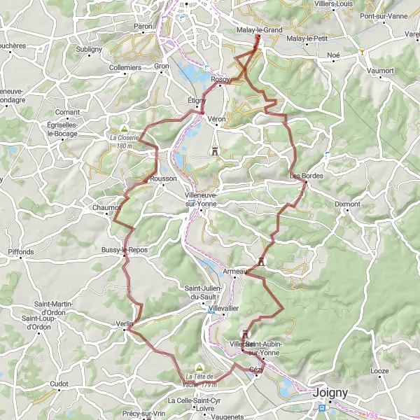 Map miniature of "Gravel Adventure" cycling inspiration in Bourgogne, France. Generated by Tarmacs.app cycling route planner