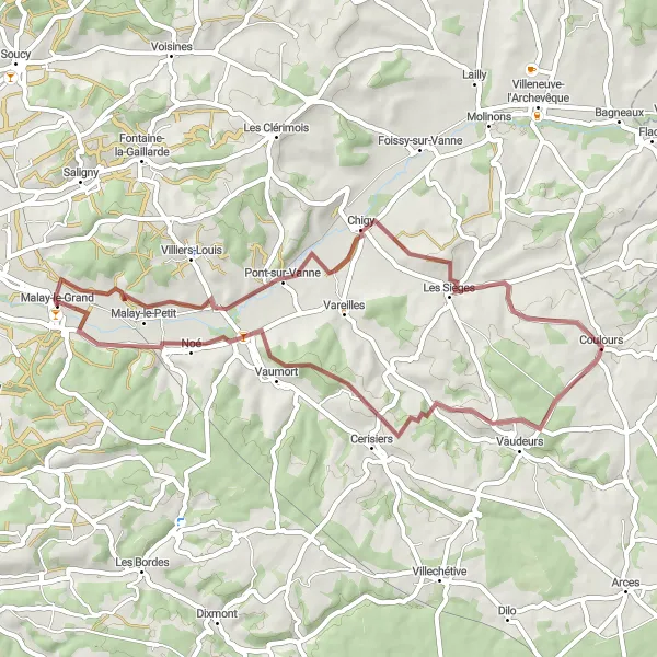 Map miniature of "Pont-sur-Vanne Gravel Loop" cycling inspiration in Bourgogne, France. Generated by Tarmacs.app cycling route planner