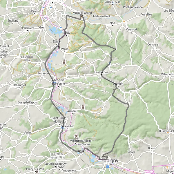 Map miniature of "Château Highway" cycling inspiration in Bourgogne, France. Generated by Tarmacs.app cycling route planner