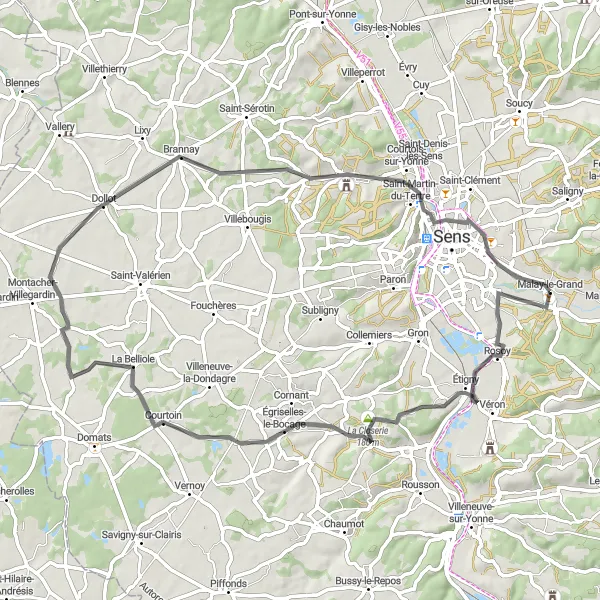 Map miniature of "Etigny Escape" cycling inspiration in Bourgogne, France. Generated by Tarmacs.app cycling route planner