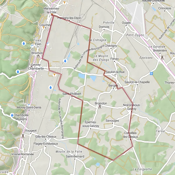 Miniature de la carte de l'inspiration cycliste "Boucle à travers les vignobles de Bourgogne" dans la Bourgogne, France. Générée par le planificateur d'itinéraire cycliste Tarmacs.app
