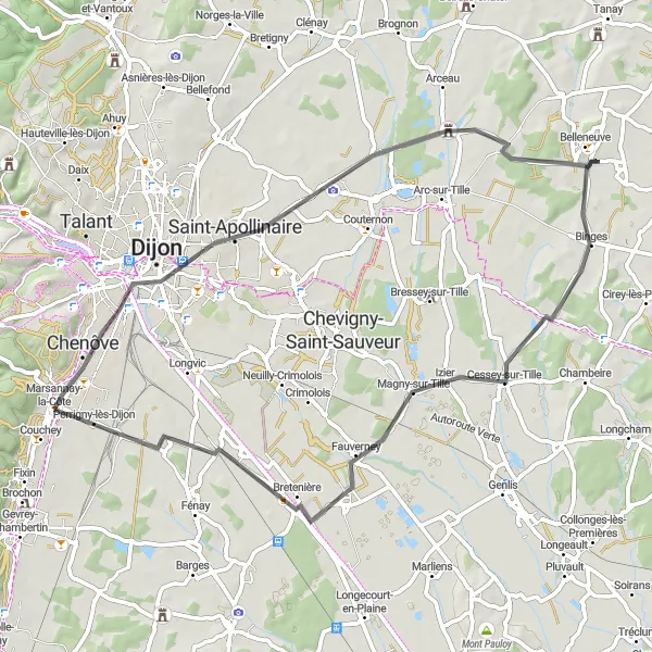 Miniature de la carte de l'inspiration cycliste "Découverte de la Campagne Bourguignonne" dans la Bourgogne, France. Générée par le planificateur d'itinéraire cycliste Tarmacs.app