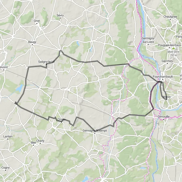 Miniature de la carte de l'inspiration cycliste "Boucle de la Nièvre" dans la Bourgogne, France. Générée par le planificateur d'itinéraire cycliste Tarmacs.app