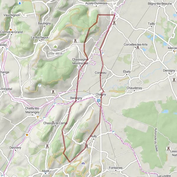 Map miniature of "The Gravel Adventure through the Vineyards of Meursault" cycling inspiration in Bourgogne, France. Generated by Tarmacs.app cycling route planner