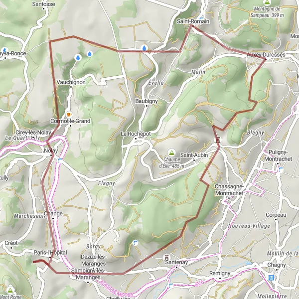 Map miniature of "Gravel Ride to Auxey-Duresses" cycling inspiration in Bourgogne, France. Generated by Tarmacs.app cycling route planner