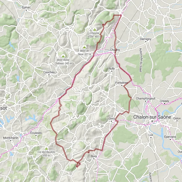 Map miniature of "Gravel Adventure in Meursault and Beyond" cycling inspiration in Bourgogne, France. Generated by Tarmacs.app cycling route planner