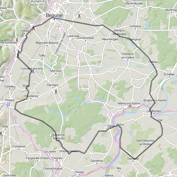 Map miniature of "The Meursault Wine Route" cycling inspiration in Bourgogne, France. Generated by Tarmacs.app cycling route planner