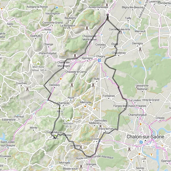 Map miniature of "Meursault and Chassagne-Montrachet Loop" cycling inspiration in Bourgogne, France. Generated by Tarmacs.app cycling route planner