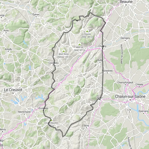 Miniature de la carte de l'inspiration cycliste "Les panoramas sauvages de la Bourgogne en vélo de route" dans la Bourgogne, France. Générée par le planificateur d'itinéraire cycliste Tarmacs.app