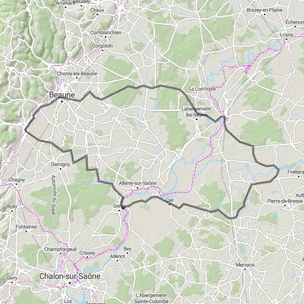 Map miniature of "Road Adventure in Côte de Beaune" cycling inspiration in Bourgogne, France. Generated by Tarmacs.app cycling route planner