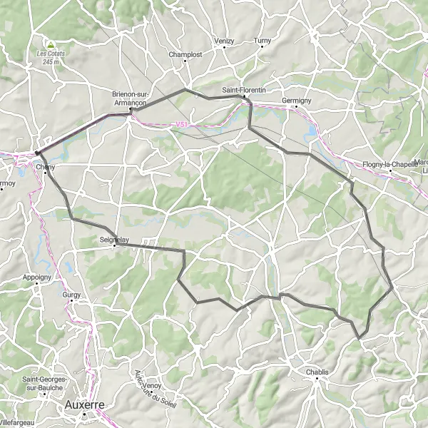 Map miniature of "The Armançon Circuit" cycling inspiration in Bourgogne, France. Generated by Tarmacs.app cycling route planner