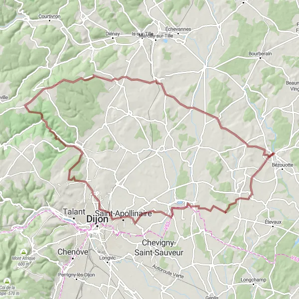 Miniature de la carte de l'inspiration cycliste "Défi gravel d'Arc-sur-Tille à Tanay" dans la Bourgogne, France. Générée par le planificateur d'itinéraire cycliste Tarmacs.app