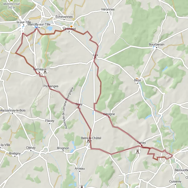 Miniature de la carte de l'inspiration cycliste "Aventure gravel à travers la campagne" dans la Bourgogne, France. Générée par le planificateur d'itinéraire cycliste Tarmacs.app