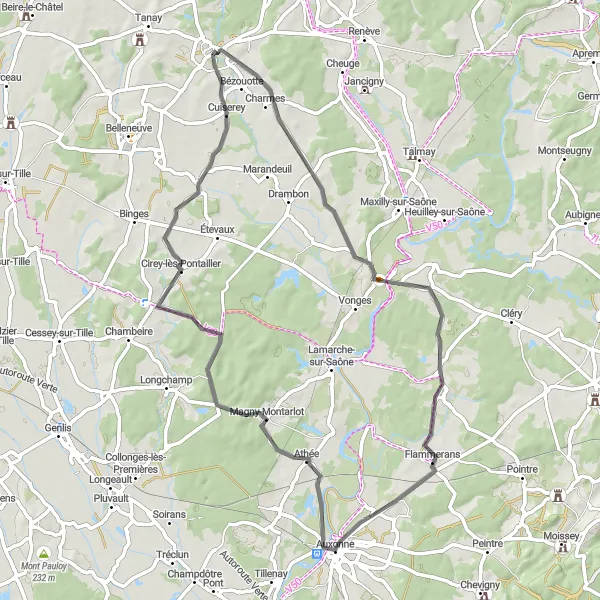 Map miniature of "The Saône Circuit" cycling inspiration in Bourgogne, France. Generated by Tarmacs.app cycling route planner