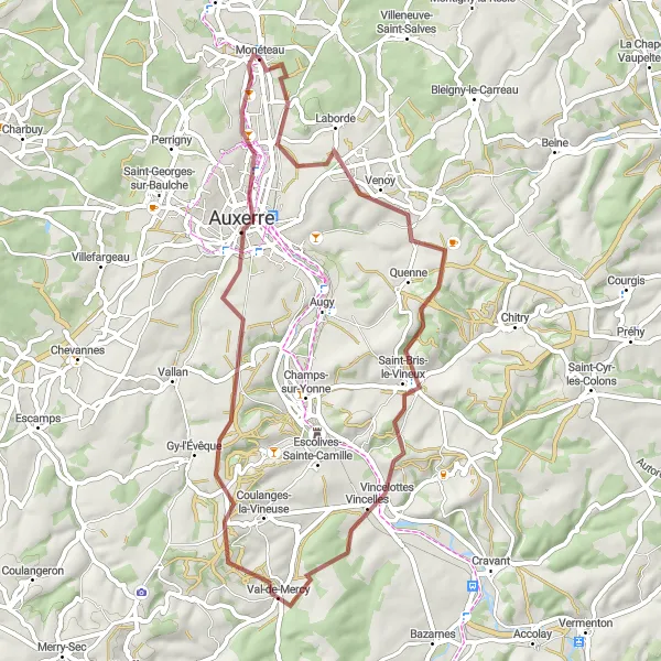 Miniature de la carte de l'inspiration cycliste "Aventure Gravel autour d'Auxerre" dans la Bourgogne, France. Générée par le planificateur d'itinéraire cycliste Tarmacs.app