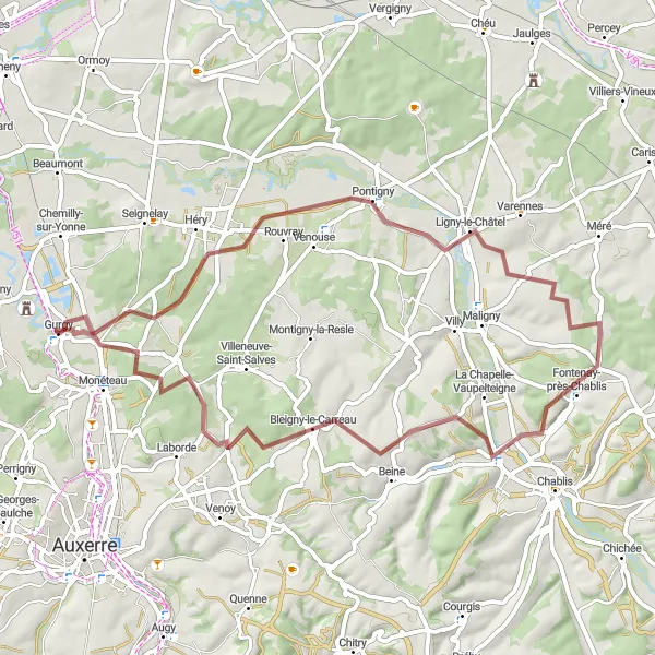 Map miniature of "The Medieval Villages of Chablis" cycling inspiration in Bourgogne, France. Generated by Tarmacs.app cycling route planner