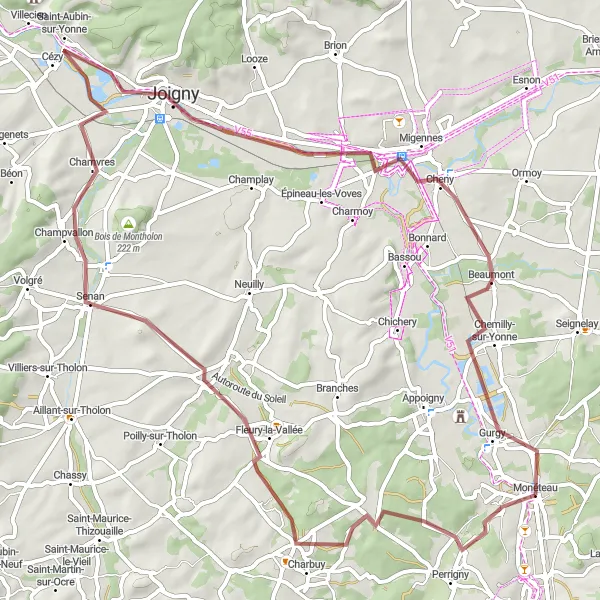 Map miniature of "Gravel Adventure near Monéteau" cycling inspiration in Bourgogne, France. Generated by Tarmacs.app cycling route planner