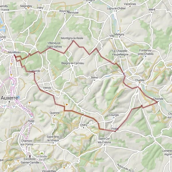 Map miniature of "Thrilling Gravel Adventure in Monéteau" cycling inspiration in Bourgogne, France. Generated by Tarmacs.app cycling route planner