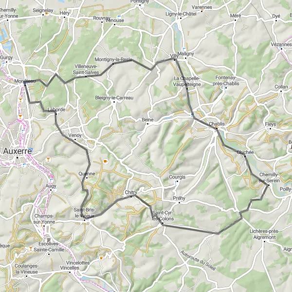 Miniature de la carte de l'inspiration cycliste "Les Vignobles de Bourgogne" dans la Bourgogne, France. Générée par le planificateur d'itinéraire cycliste Tarmacs.app