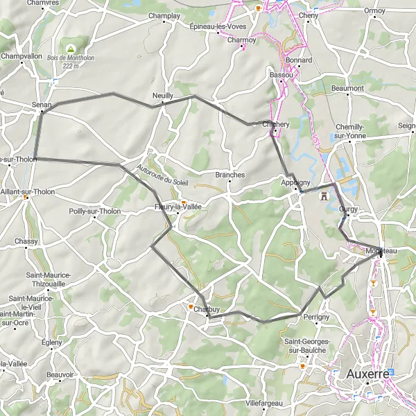 Map miniature of "Scenic Road Cycling Journey near Monéteau" cycling inspiration in Bourgogne, France. Generated by Tarmacs.app cycling route planner