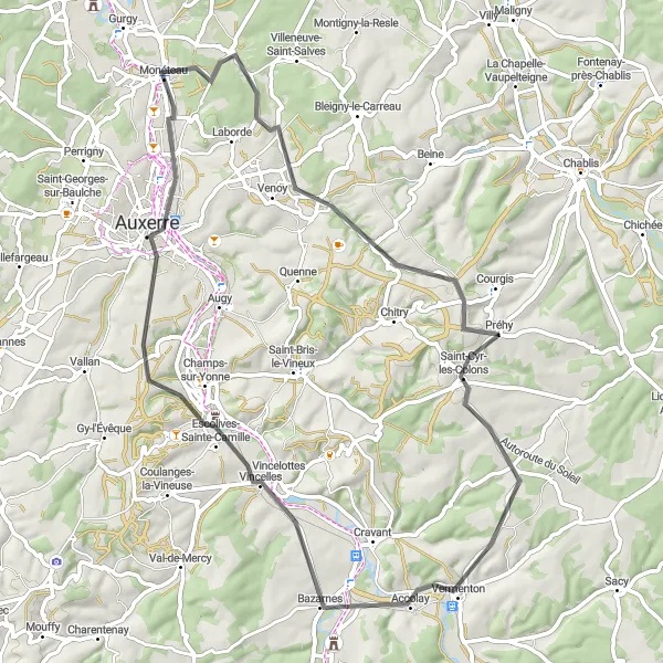 Miniature de la carte de l'inspiration cycliste "Tour des Vignobles de l'Yonne" dans la Bourgogne, France. Générée par le planificateur d'itinéraire cycliste Tarmacs.app