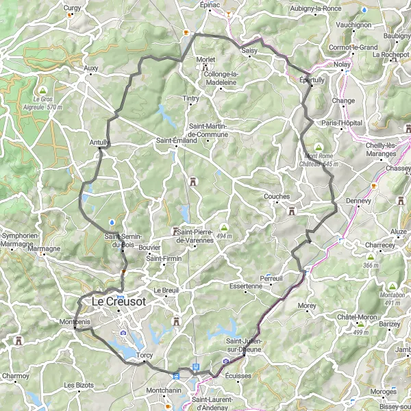 Map miniature of "Belvédère Discovery Route" cycling inspiration in Bourgogne, France. Generated by Tarmacs.app cycling route planner