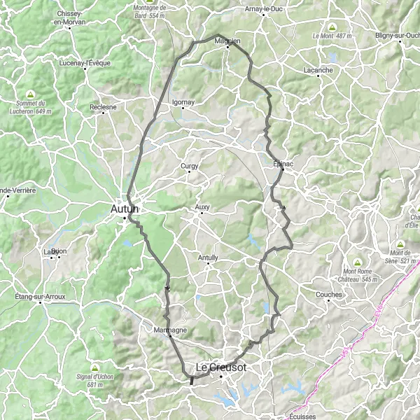 Map miniature of "Road Route: Exploring Château de la Verrerie" cycling inspiration in Bourgogne, France. Generated by Tarmacs.app cycling route planner