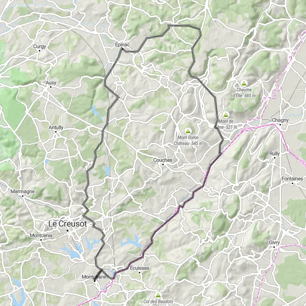Map miniature of "Châteaux Discovery" cycling inspiration in Bourgogne, France. Generated by Tarmacs.app cycling route planner