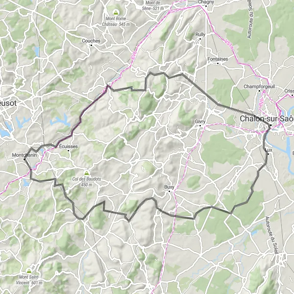 Map miniature of "The Vineyards of Bourgogne" cycling inspiration in Bourgogne, France. Generated by Tarmacs.app cycling route planner