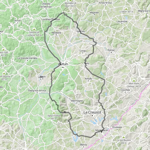 Miniature de la carte de l'inspiration cycliste "Tour de Charmoy et Montagne de Meusoy" dans la Bourgogne, France. Générée par le planificateur d'itinéraire cycliste Tarmacs.app