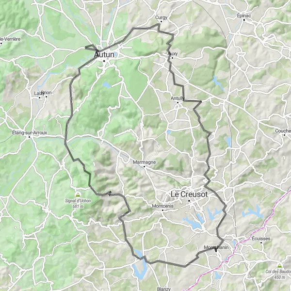 Map miniature of "Countryside Escape" cycling inspiration in Bourgogne, France. Generated by Tarmacs.app cycling route planner