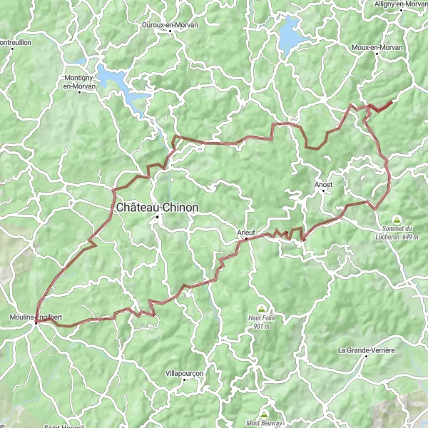 Miniature de la carte de l'inspiration cycliste "Traversée du Morvan sauvage" dans la Bourgogne, France. Générée par le planificateur d'itinéraire cycliste Tarmacs.app