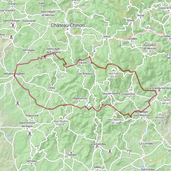 Miniature de la carte de l'inspiration cycliste "Boucle de Saint-Léger-de-Fougeret" dans la Bourgogne, France. Générée par le planificateur d'itinéraire cycliste Tarmacs.app