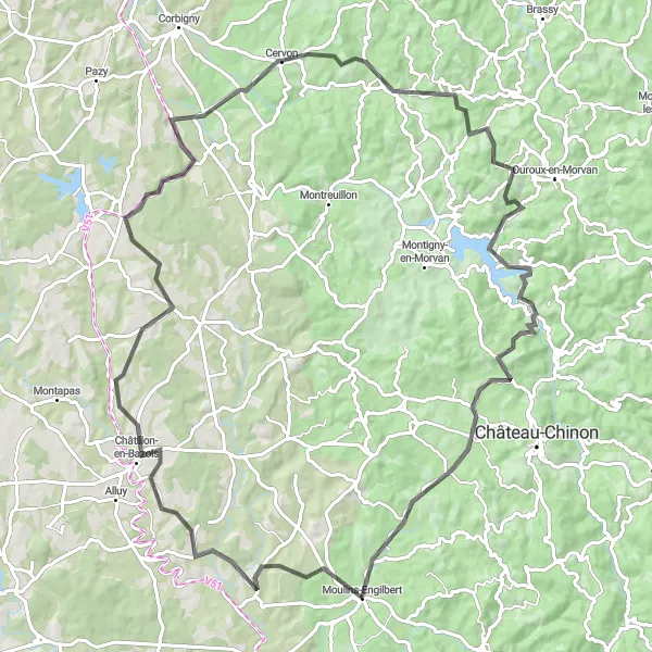 Miniature de la carte de l'inspiration cycliste "Parcours du Réservoir de Pannecière" dans la Bourgogne, France. Générée par le planificateur d'itinéraire cycliste Tarmacs.app