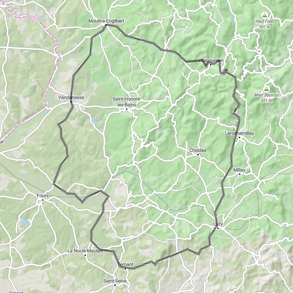 Map miniature of "The Hills of Burgundy" cycling inspiration in Bourgogne, France. Generated by Tarmacs.app cycling route planner