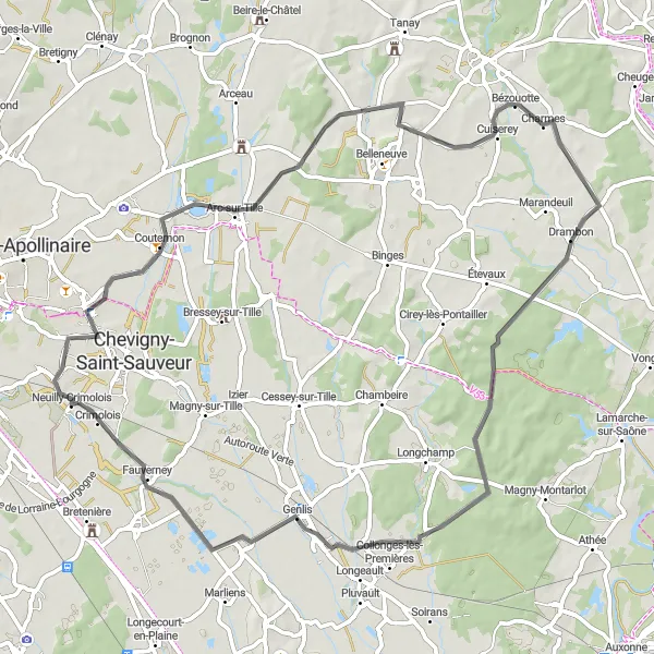 Miniature de la carte de l'inspiration cycliste "Les Vallées de Bourgogne" dans la Bourgogne, France. Générée par le planificateur d'itinéraire cycliste Tarmacs.app