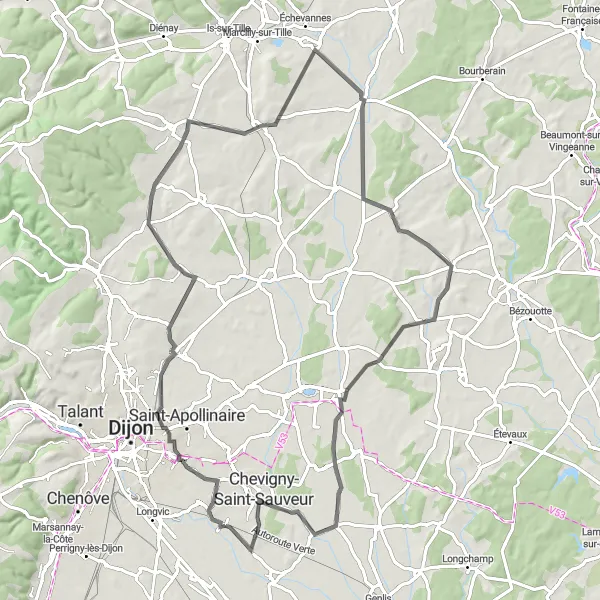 Miniature de la carte de l'inspiration cycliste "Boucle vers Til-Châtel et Viévigne" dans la Bourgogne, France. Générée par le planificateur d'itinéraire cycliste Tarmacs.app