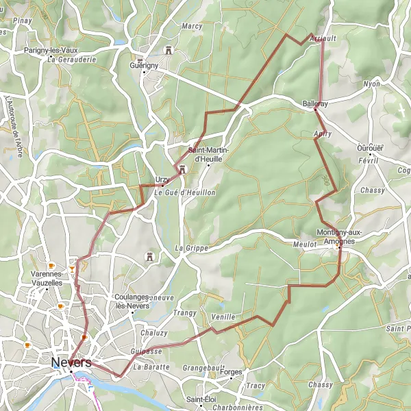 Miniature de la carte de l'inspiration cycliste "Boucle gravier vers Balleray et Montigny-aux-Amognes" dans la Bourgogne, France. Générée par le planificateur d'itinéraire cycliste Tarmacs.app
