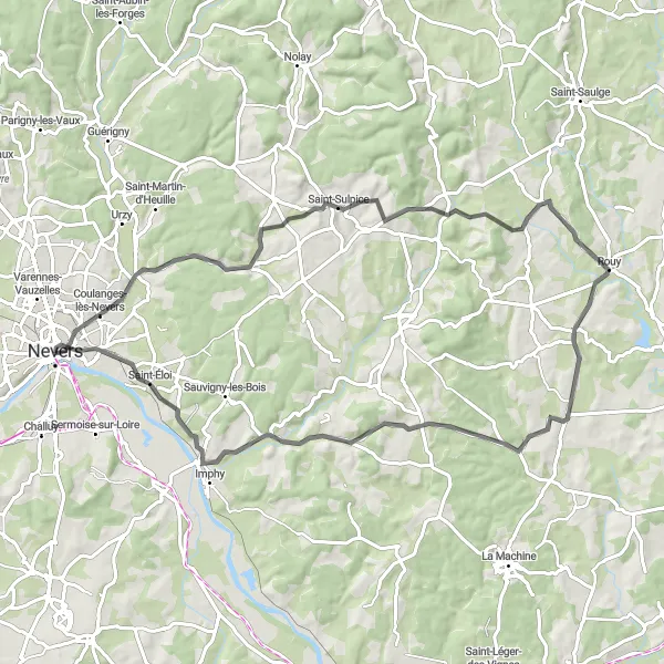 Miniature de la carte de l'inspiration cycliste "Parcours entre Coulanges-lès-Nevers et Imphy" dans la Bourgogne, France. Générée par le planificateur d'itinéraire cycliste Tarmacs.app