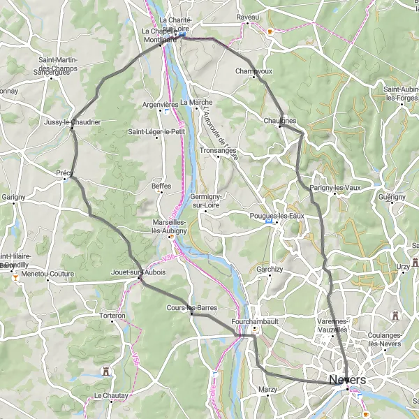 Map miniature of "Loire River Loop" cycling inspiration in Bourgogne, France. Generated by Tarmacs.app cycling route planner