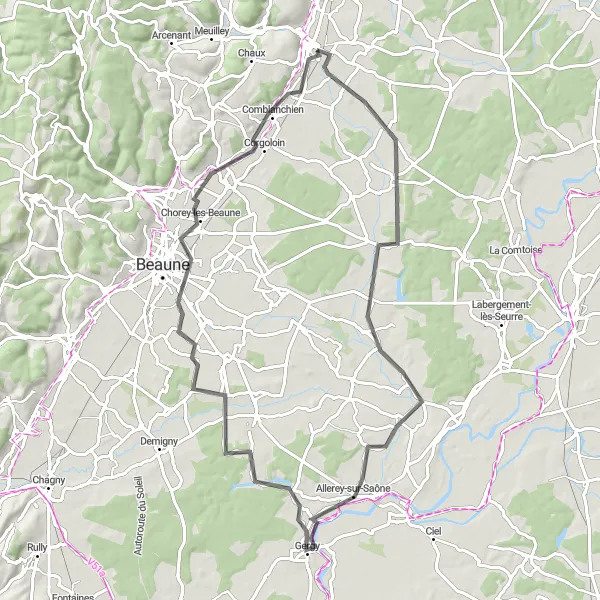 Miniature de la carte de l'inspiration cycliste "Au Cœur de la Bourgogne" dans la Bourgogne, France. Générée par le planificateur d'itinéraire cycliste Tarmacs.app