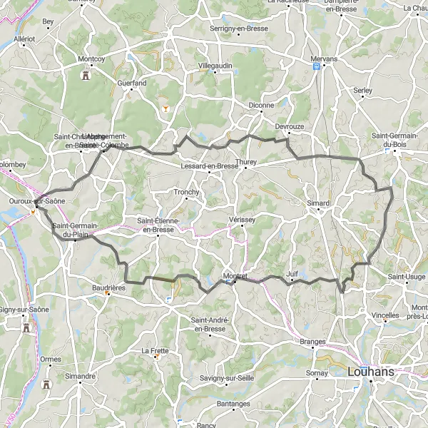 Map miniature of "Discovering Saint-Germain-du-Plain" cycling inspiration in Bourgogne, France. Generated by Tarmacs.app cycling route planner